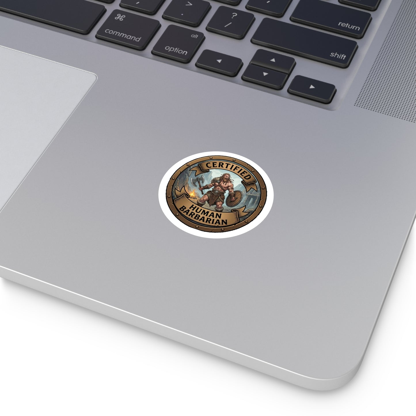 Certified Human Barbarian Round Sticker — Fantasy RPG Emblem
