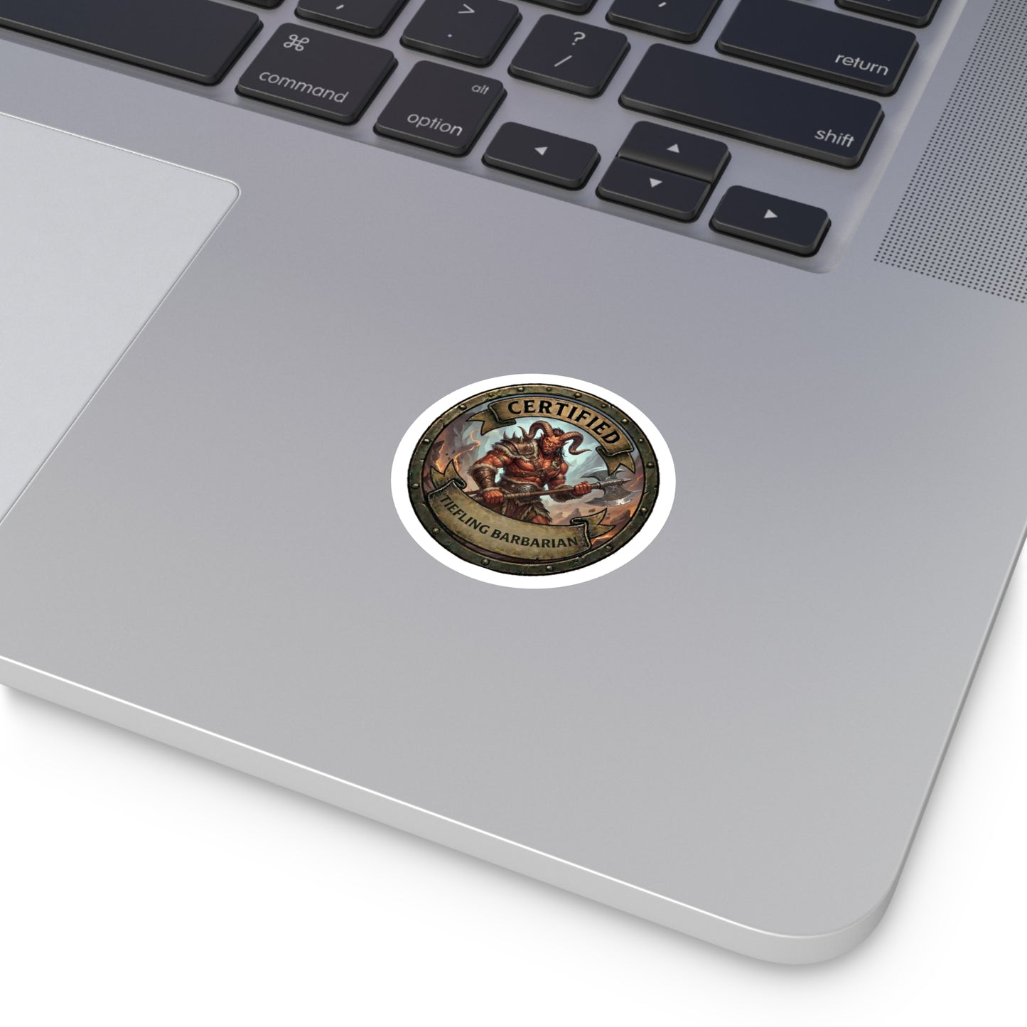 Certified Tiefling Barbarian Round Sticker — Fantasy RPG Character Decal