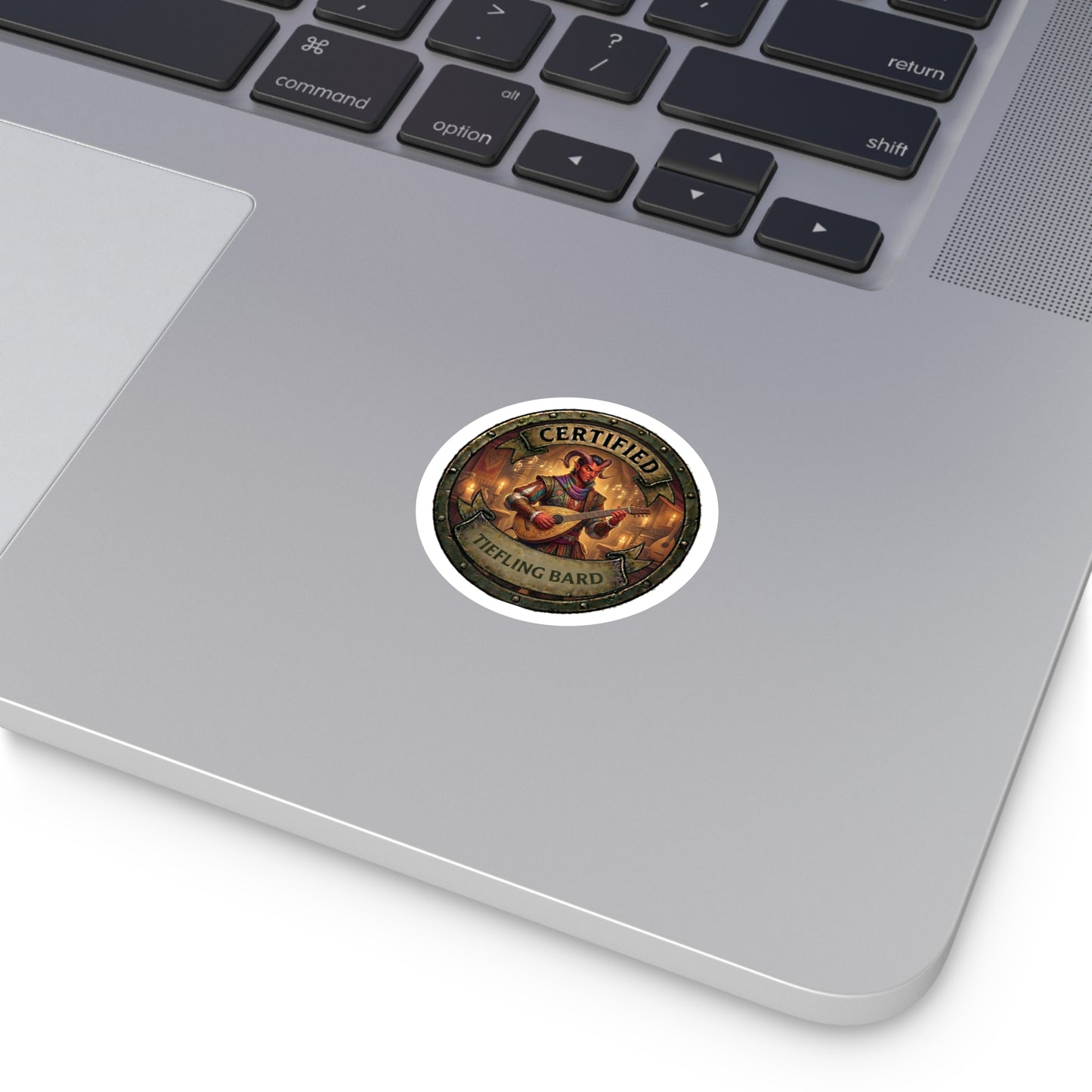 Certified Tiefling Bard Round Vinyl Sticker — D&D Fantasy Character Decal