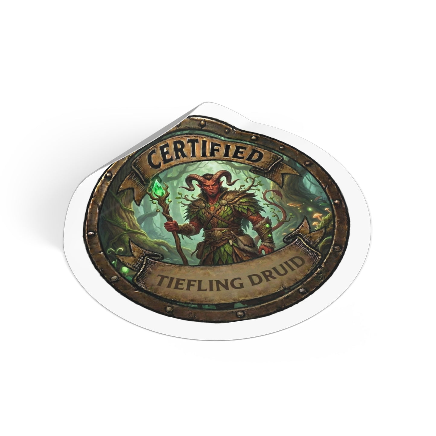 Certified Tiefling Druid Round Vinyl Sticker — Fantasy RPG Character Badge