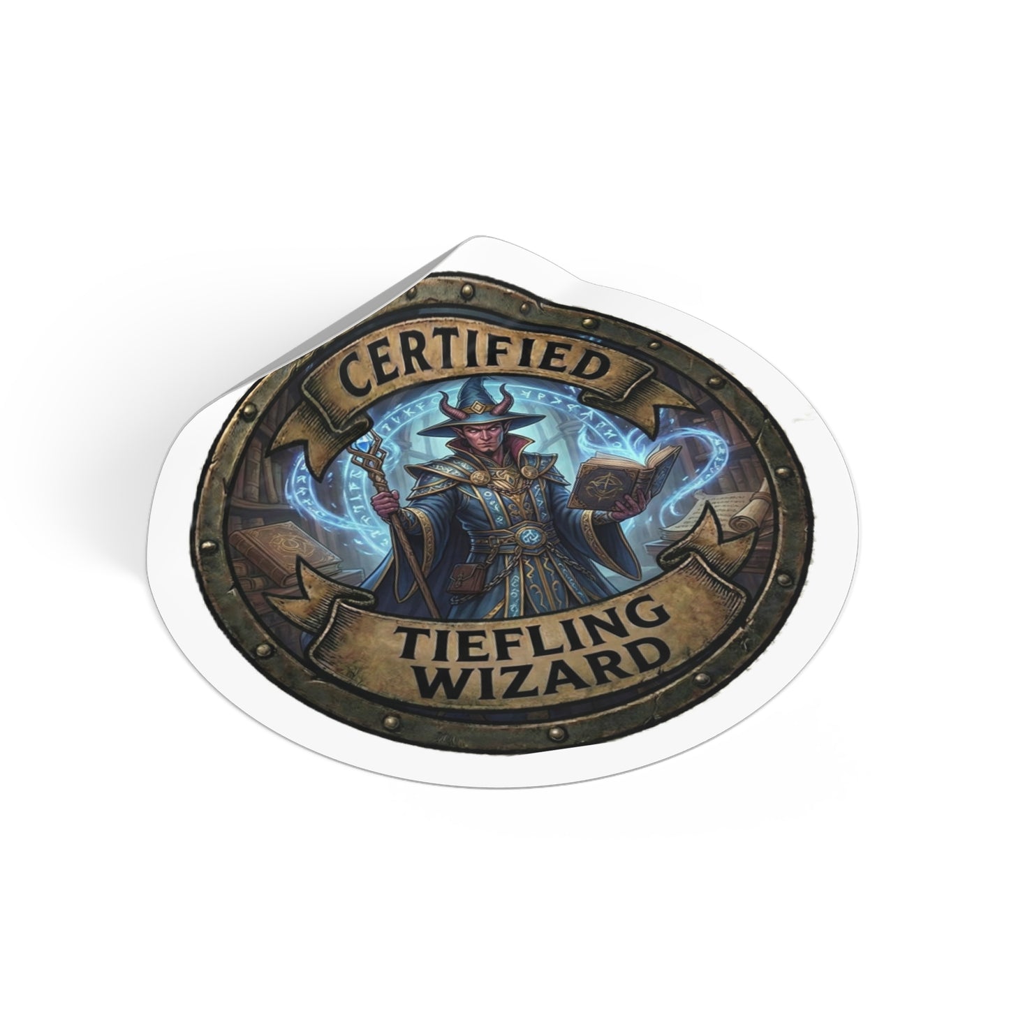 Certified Tiefling Wizard Round Vinyl Sticker — Fantasy RPG Mage Emblem