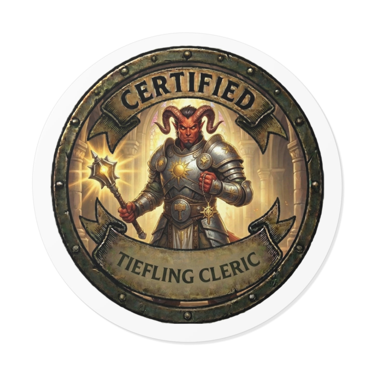 Certified Tiefling Cleric Round Vinyl Sticker — RPG Character Badge