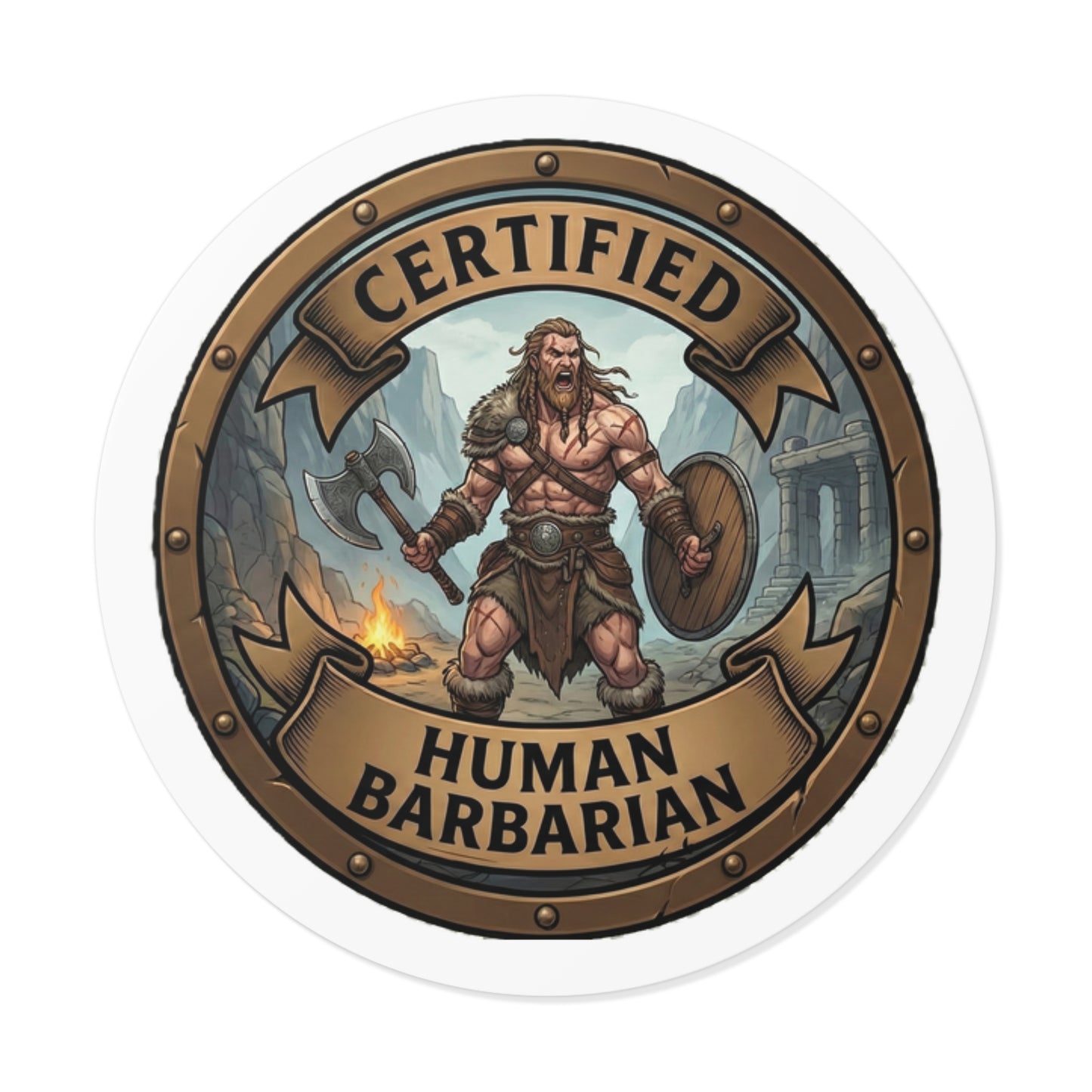 Certified Human Barbarian Round Sticker — Fantasy RPG Emblem