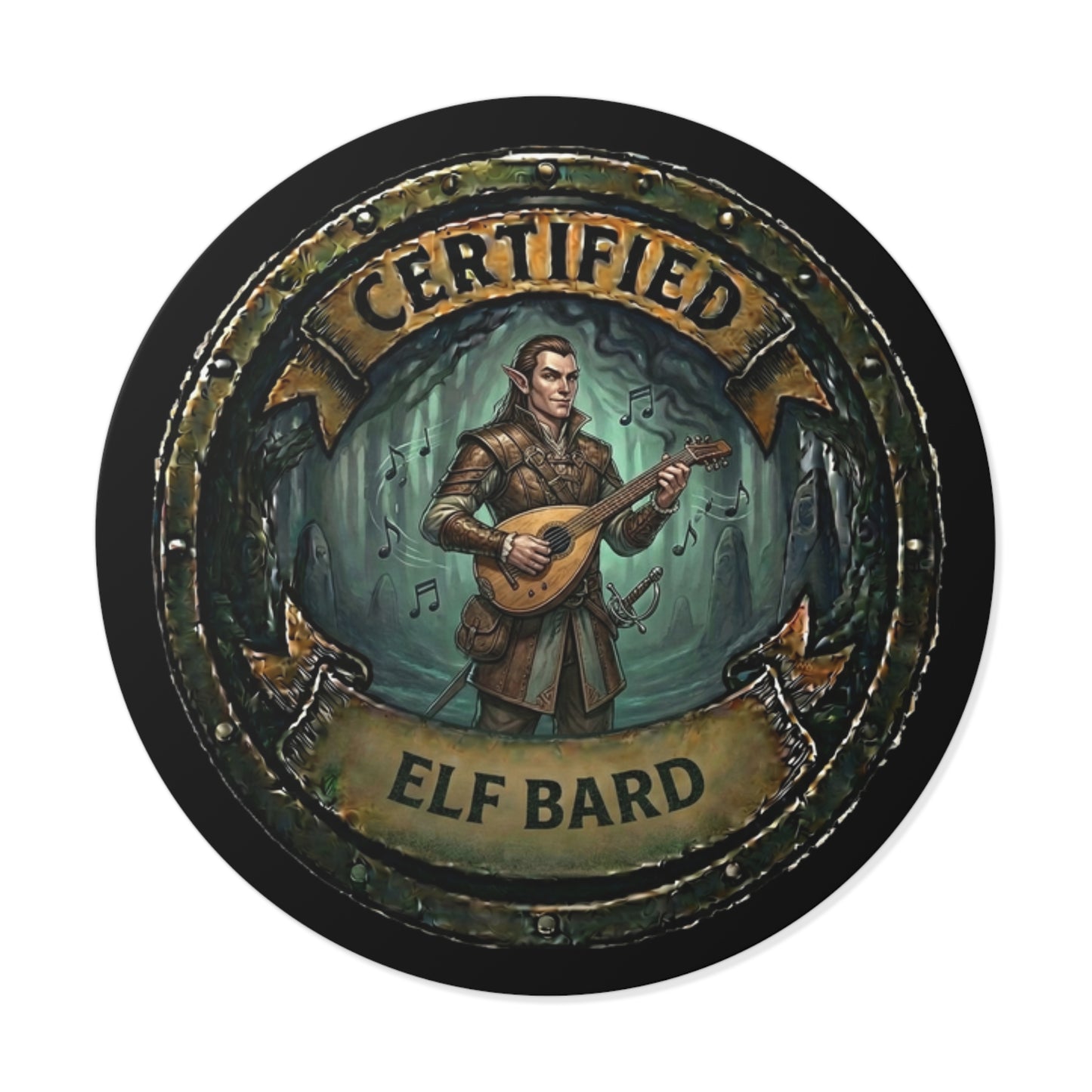 Certified Elf Bard Round Vinyl Sticker — Fantasy RPG Musician Decal