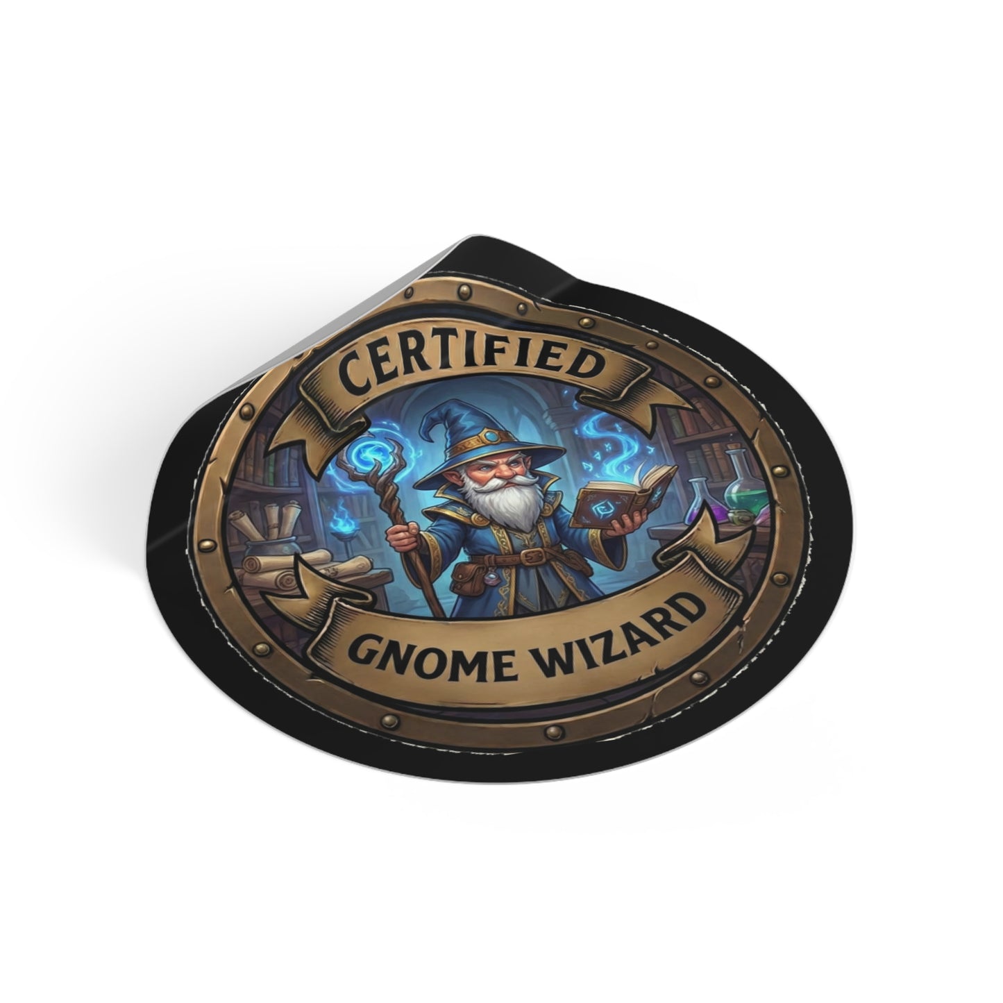 Certified Gnome Wizard Round Vinyl Sticker — Fantasy Mage Emblem