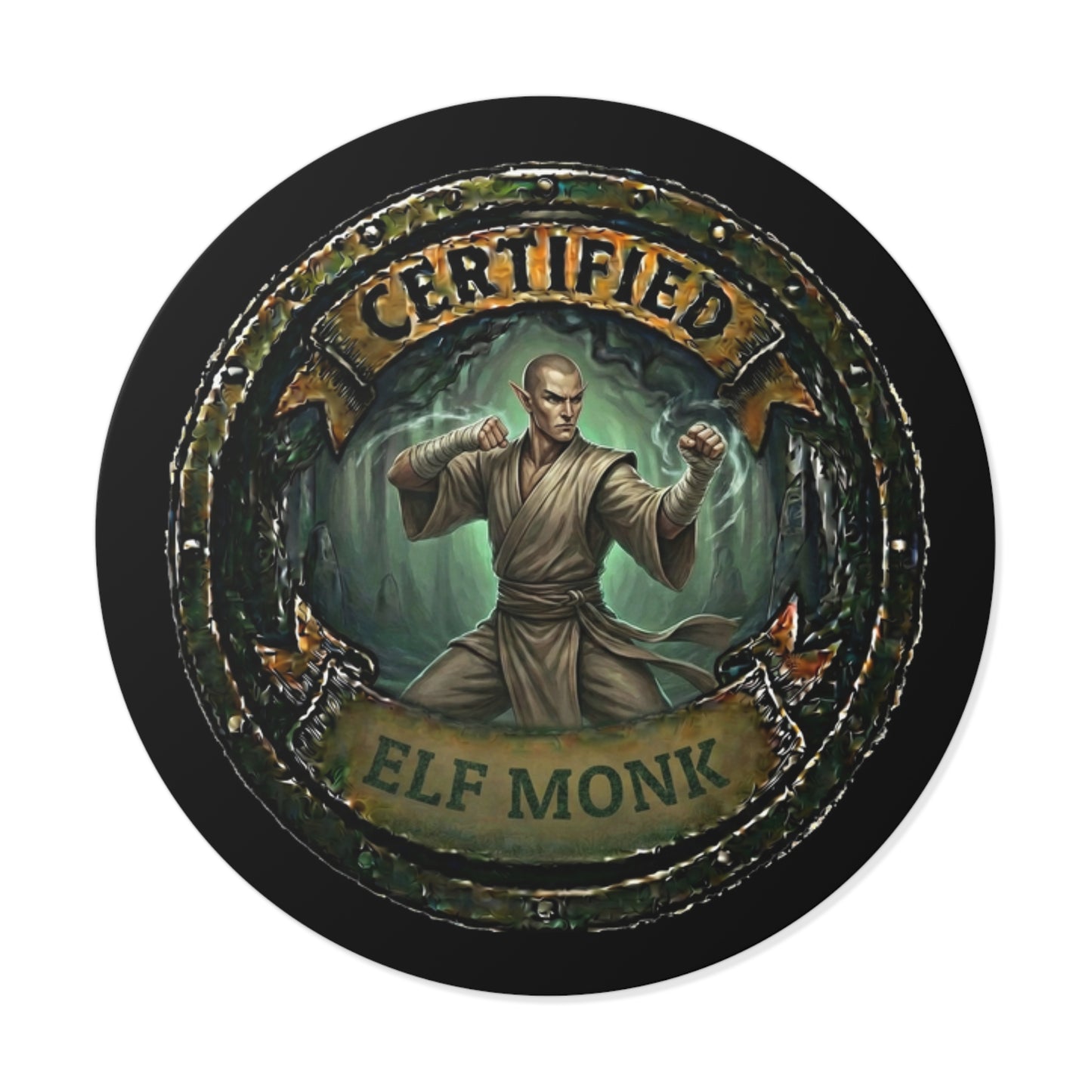 Certified Elf Monk Round Vinyl Sticker — Fantasy RPG Character Decal
