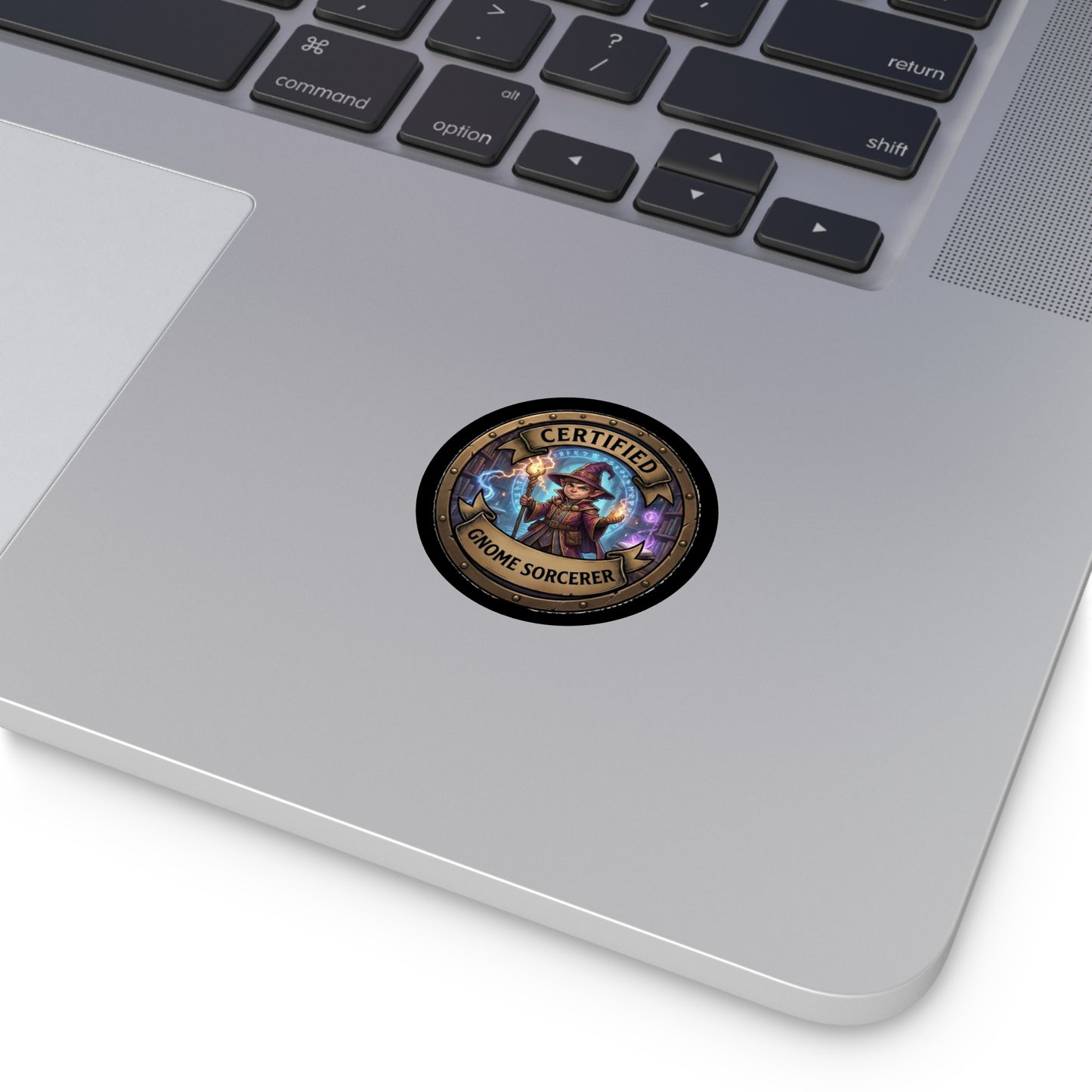 Certified Gnome Sorcerer Round Vinyl Sticker — Fantasy Wizard Gnome Badge