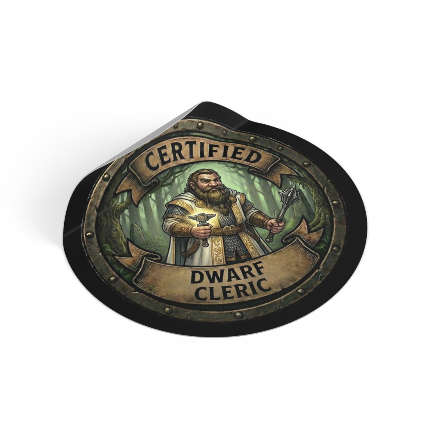 Certified Dwarf Cleric Round Vinyl Sticker — Fantasy RPG Character Badge