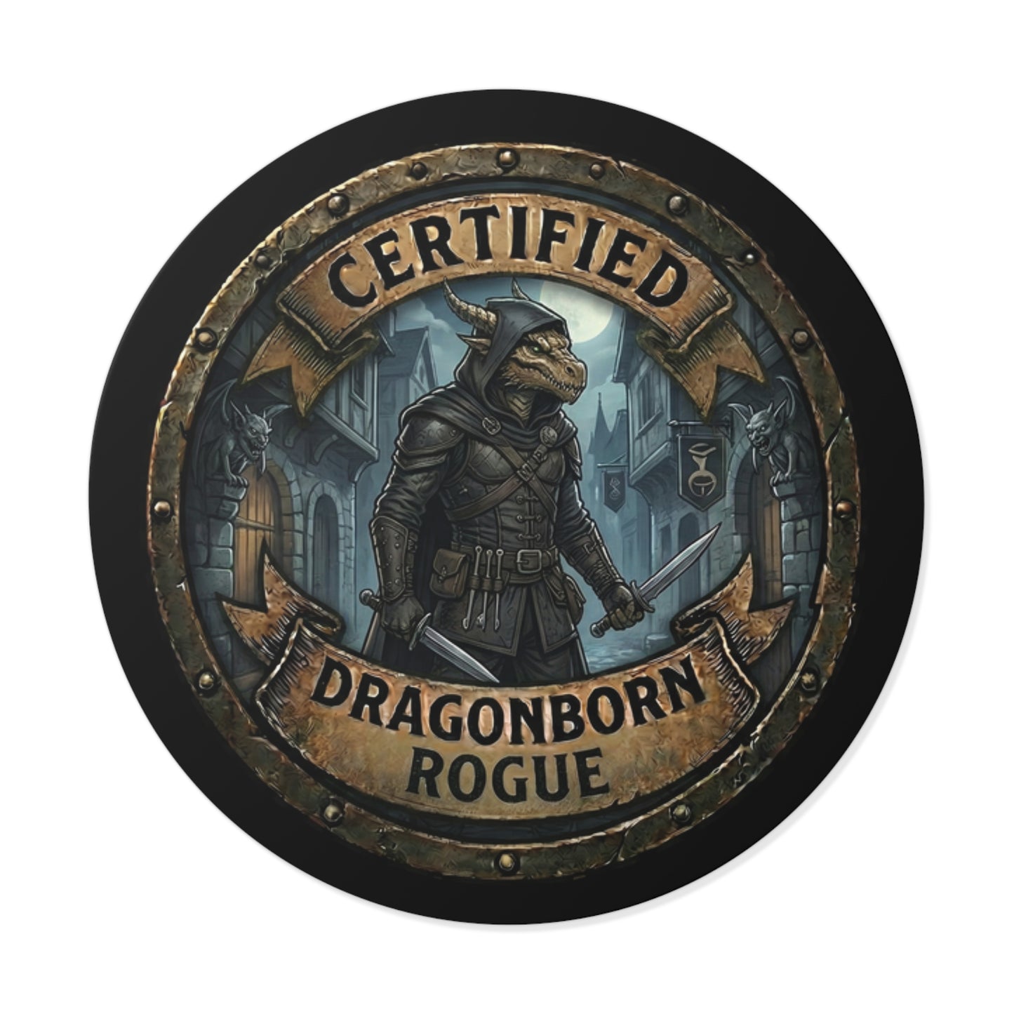 Certified Dragonborn Rogue Round Sticker — Fantasy DnD Character Badge