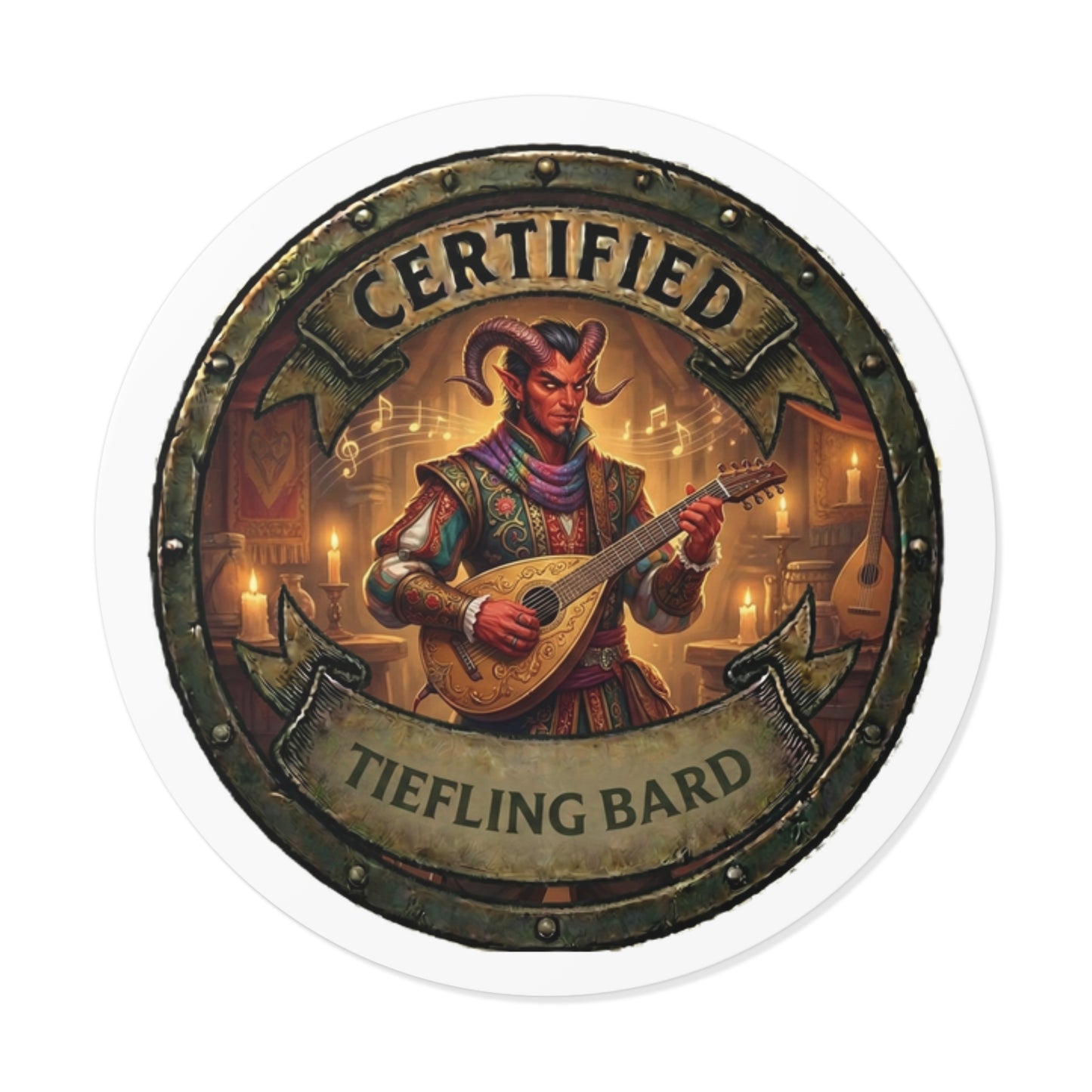 Certified Tiefling Bard Round Vinyl Sticker — D&D Fantasy Character Decal