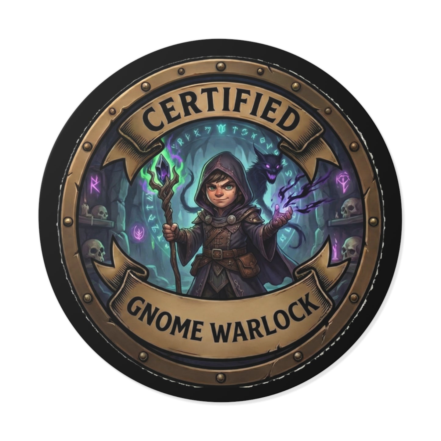 Certified Gnome Warlock Round Vinyl Sticker — Fantasy RPG Character Emblem