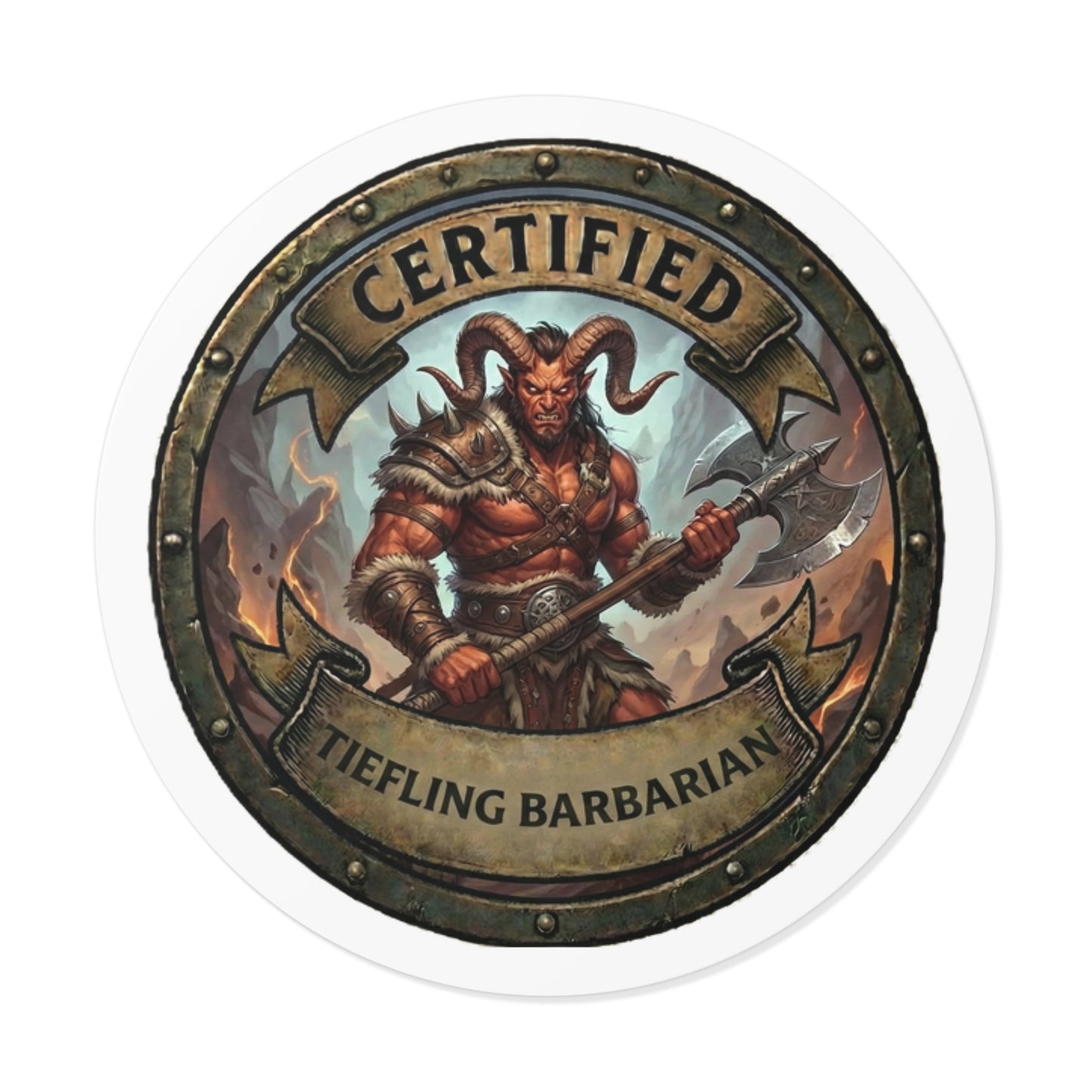 Certified Tiefling Barbarian Round Sticker — Fantasy RPG Character Decal