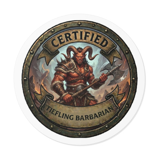 Certified Tiefling Barbarian Round Sticker — Fantasy RPG Character Decal