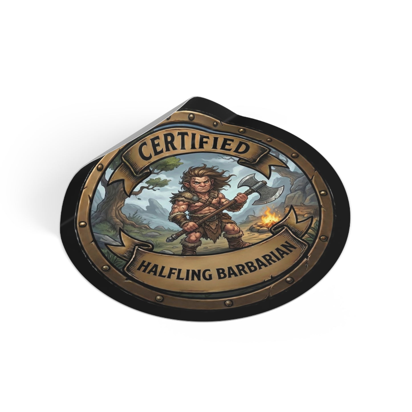 Halfling Barbarian Round Vinyl Sticker — "Certified" RPG Fantasy Character Decal