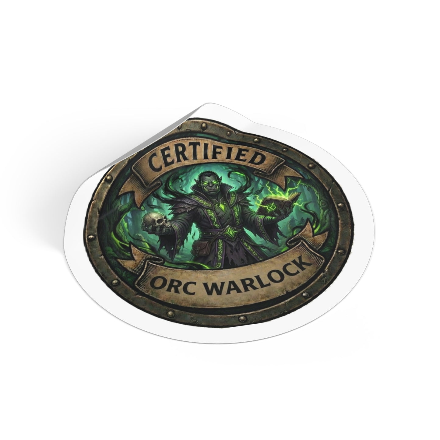 Certified Orc Warlock Round Sticker — Fantasy RPG Gaming Sticker