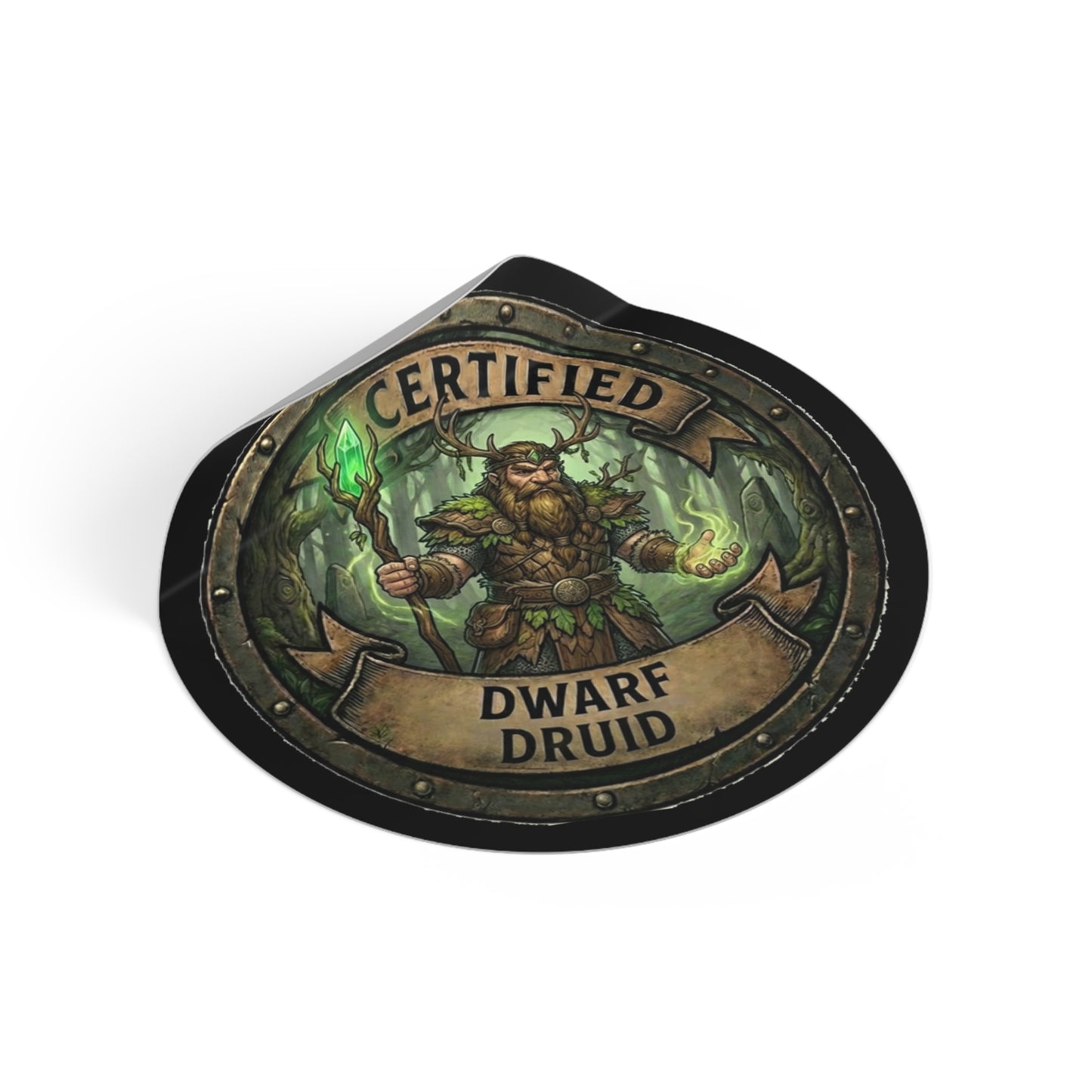 Certified Dwarf Druid Round Vinyl Sticker — Fantasy RPG Character Decal