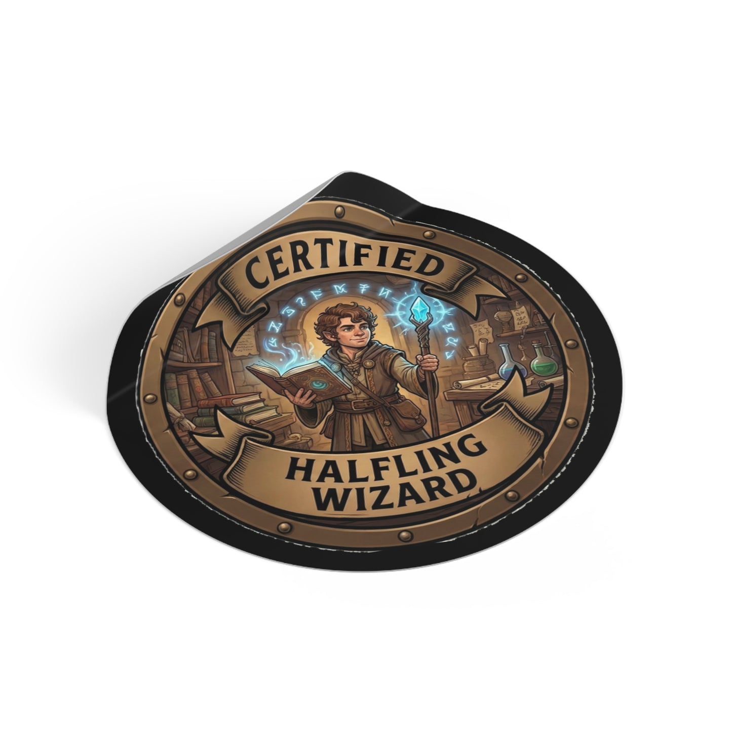 Certified Halfling Wizard Round Vinyl Sticker — Fantasy RPG Mage Badge