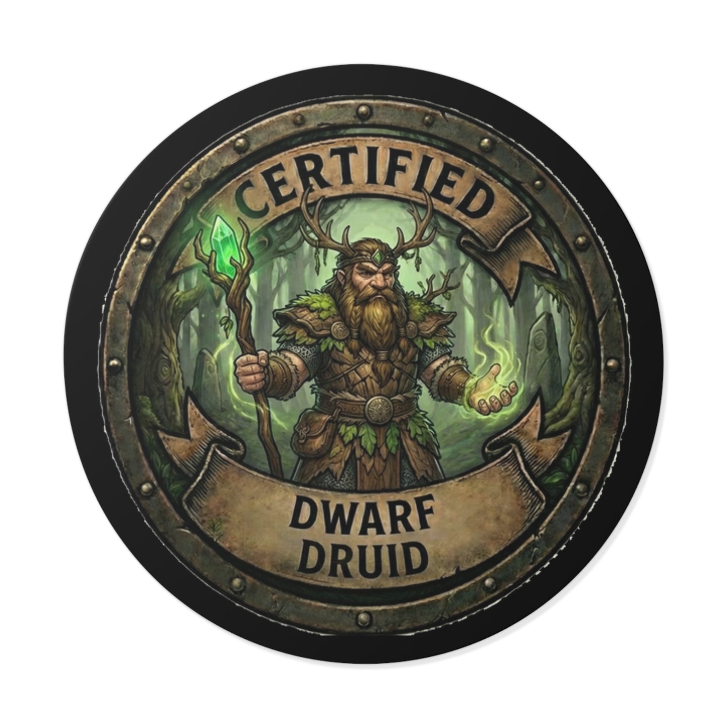 Certified Dwarf Druid Round Vinyl Sticker — Fantasy RPG Character Decal