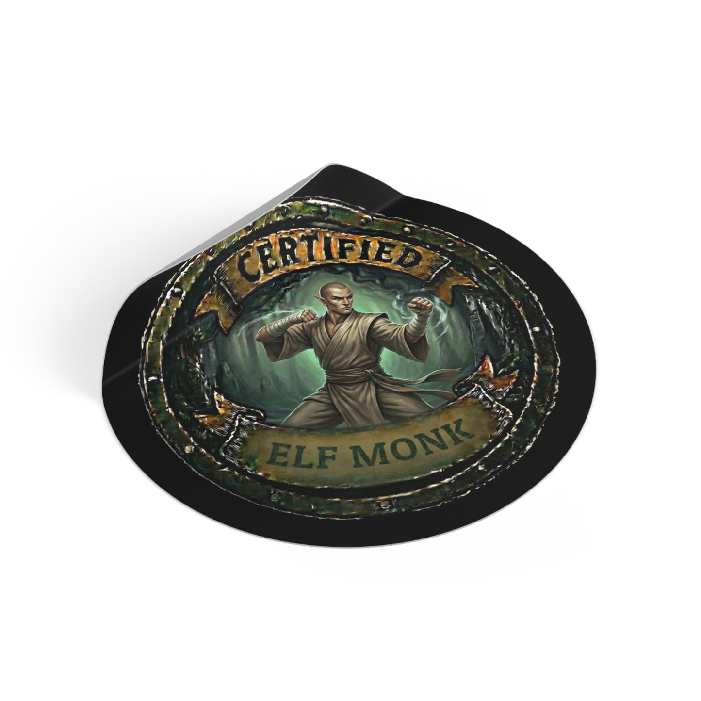 Certified Elf Monk Round Vinyl Sticker — Fantasy RPG Character Decal