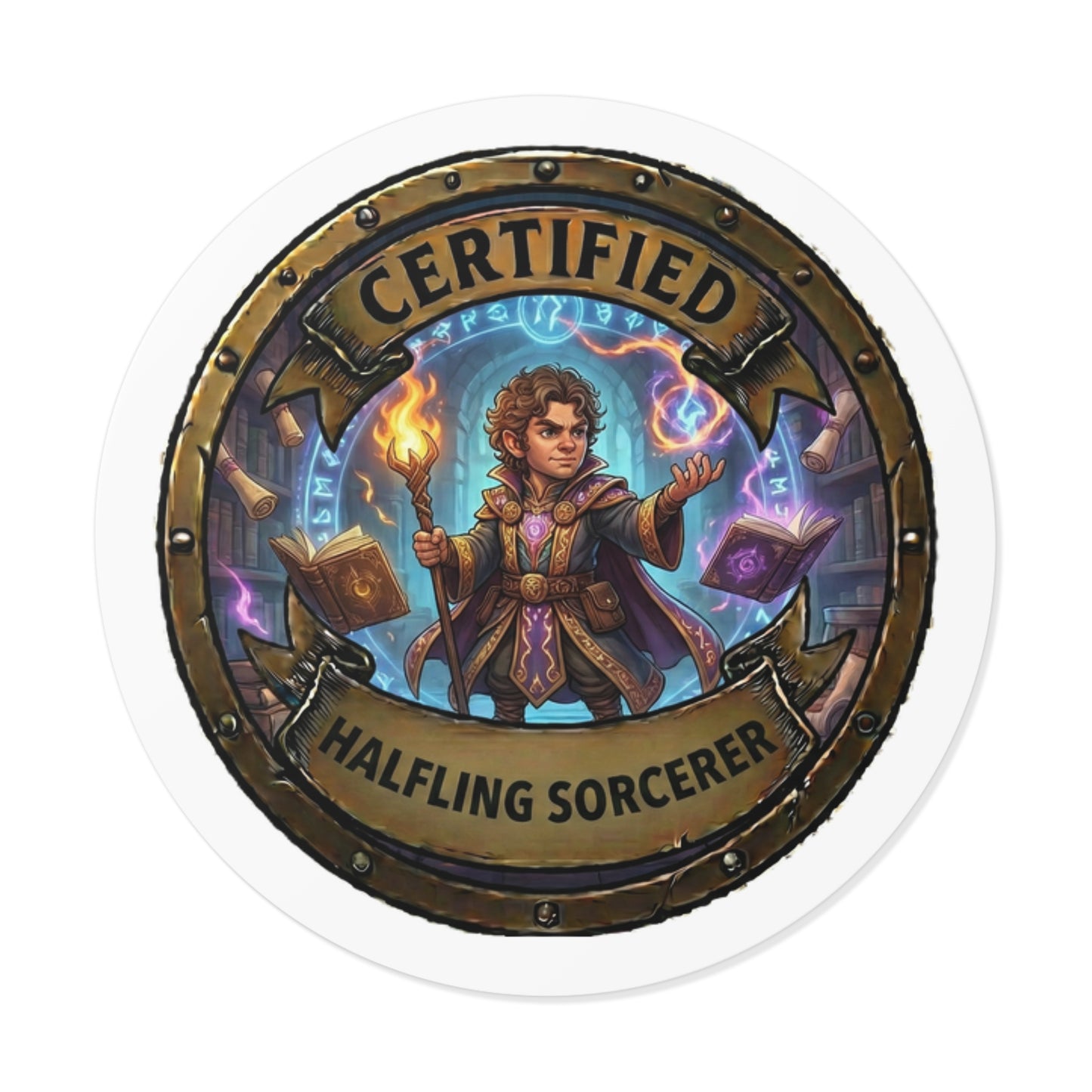 Certified Halfling Sorcerer Round Vinyl Sticker — Fantasy RPG Dice Table Decal