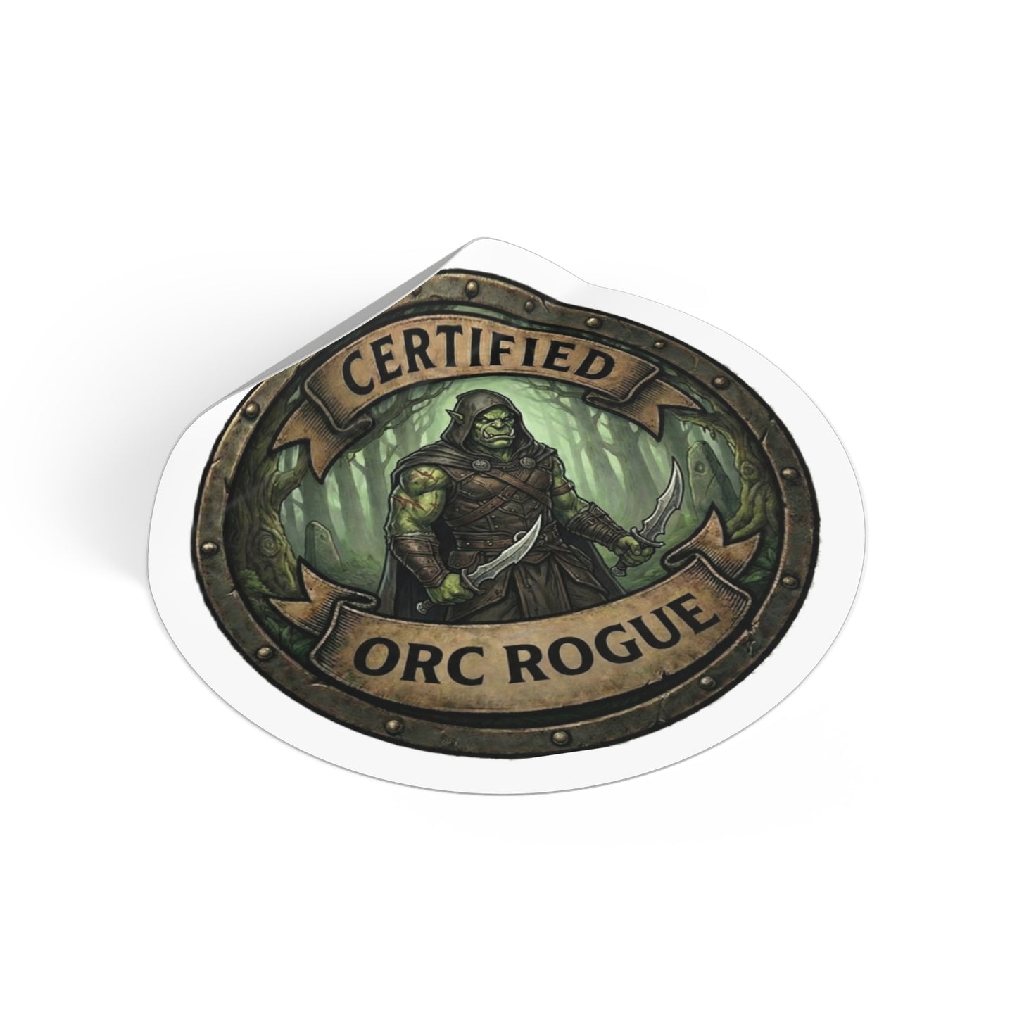 Certified Orc Rogue Round Vinyl Sticker — Fantasy RPG Gaming Decal