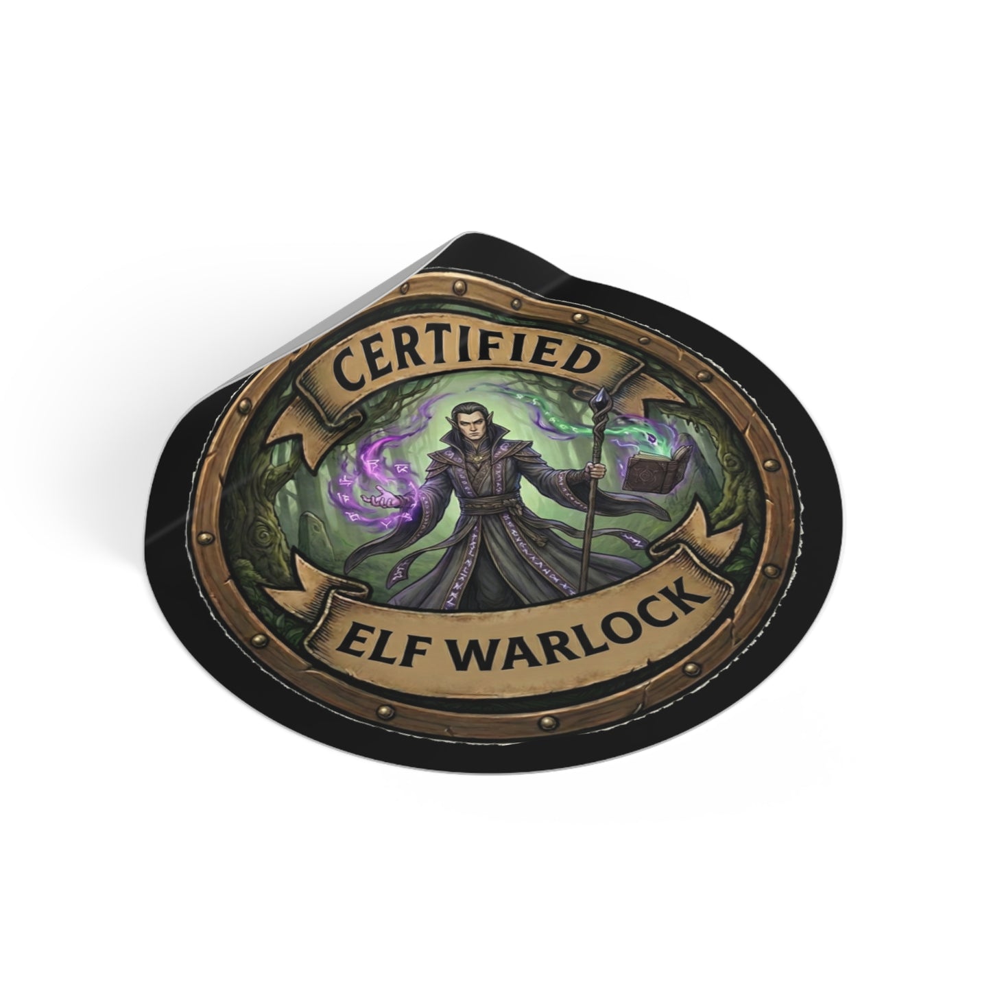 Certified Elf Warlock Round Vinyl Sticker — Fantasy RPG Mage Badge