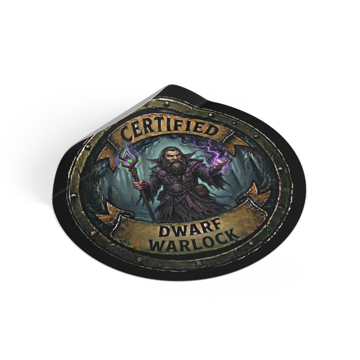 Certified Dwarf Warlock Round Vinyl Sticker – Fantasy RPG Gamer Decal
