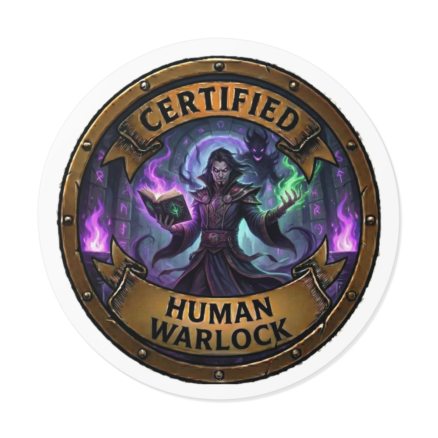Certified Human Warlock Round Vinyl Sticker – Fantasy RPG Mage Emblem
