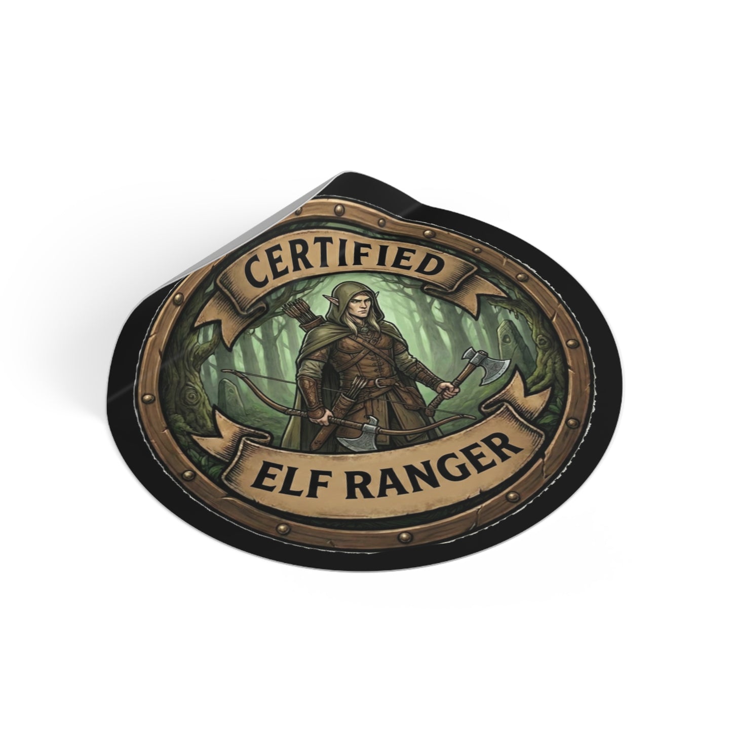 Certified Elf Ranger Round Vinyl Sticker — Fantasy Archer Emblem for LARP, RPG & Gifts