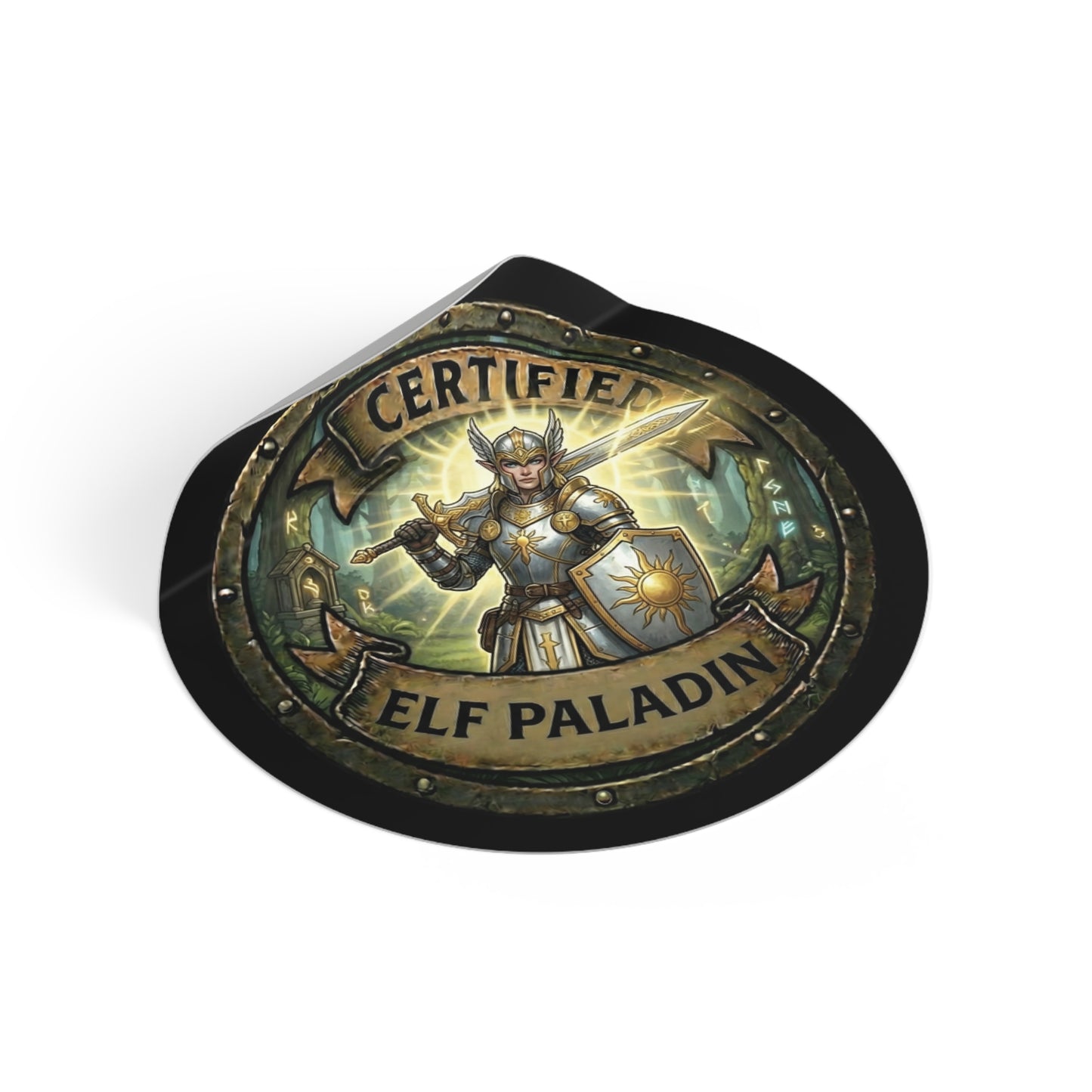 Certified Elf Paladin Round Vinyl Sticker — Fantasy RPG Emblem Decal