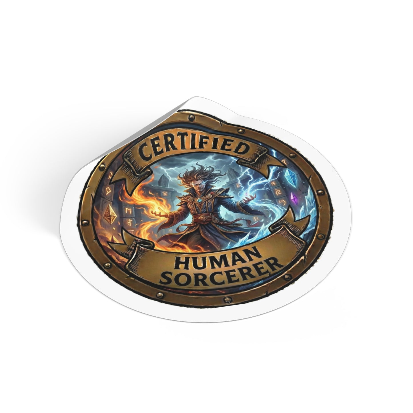 Certified Human Sorcerer Round Vinyl Sticker — Fantasy Mage Emblem