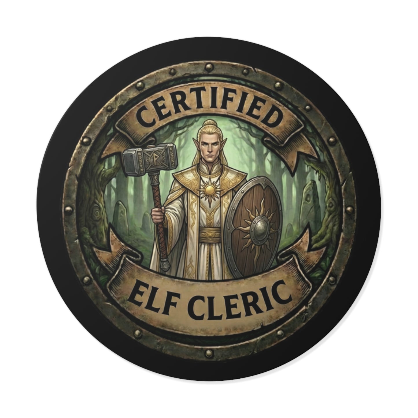 Certified Elf Cleric Round Vinyl Sticker — Fantasy RPG Character Emblem