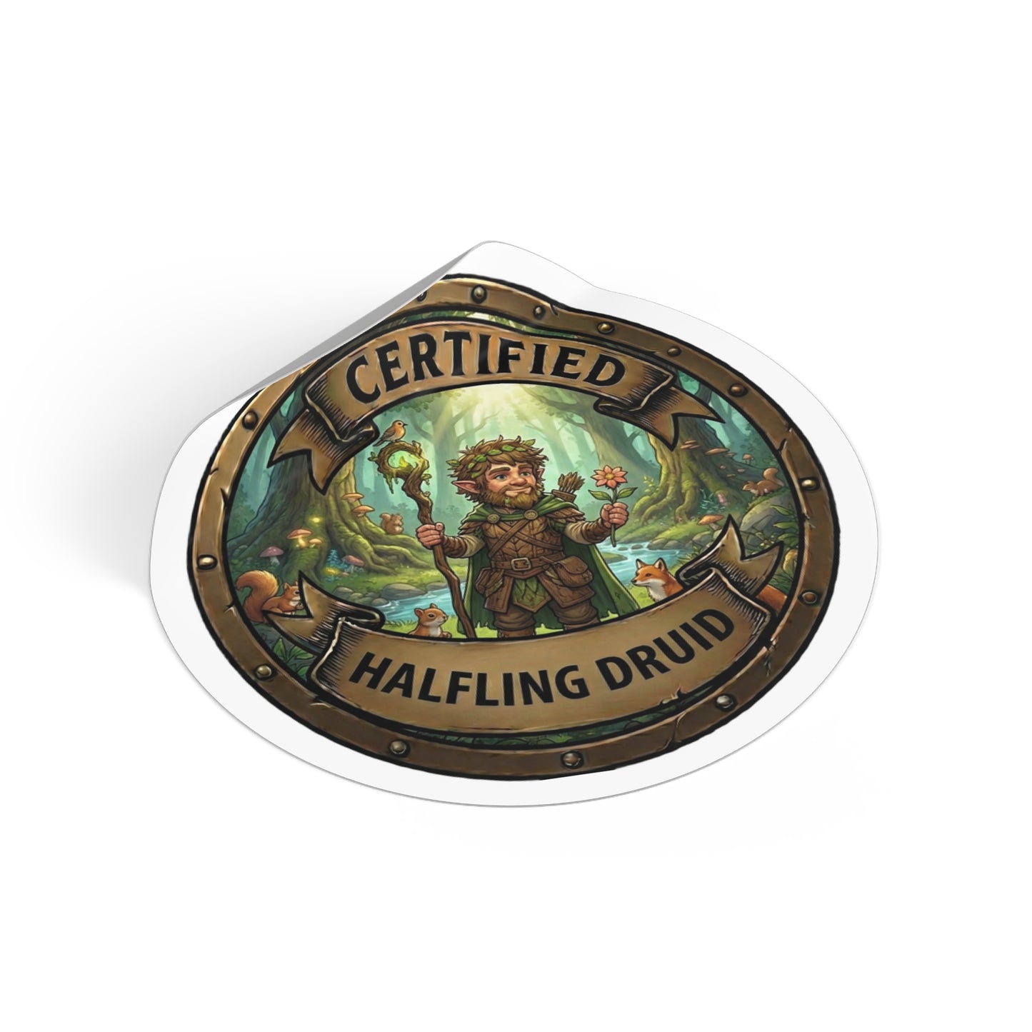 Certified Halfling Druid Round Vinyl Sticker — Fantasy RPG Nature Badge