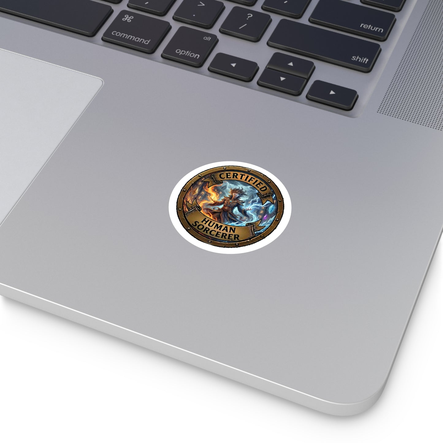 Certified Human Sorcerer Round Vinyl Sticker — Fantasy Mage Emblem