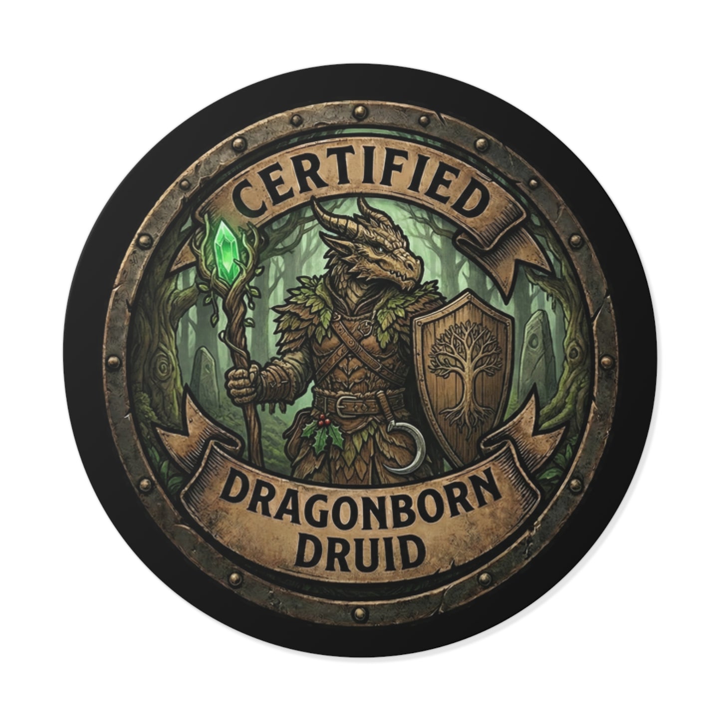 Certified Dragonborn Druid Round Vinyl Sticker — Fantasy RPG Emblem