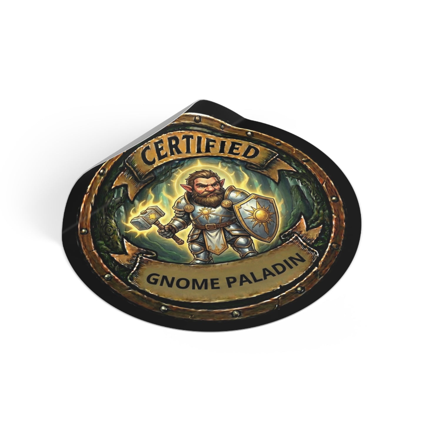 Certified Gnome Paladin Round Vinyl Sticker — RPG Fantasy Character Decal