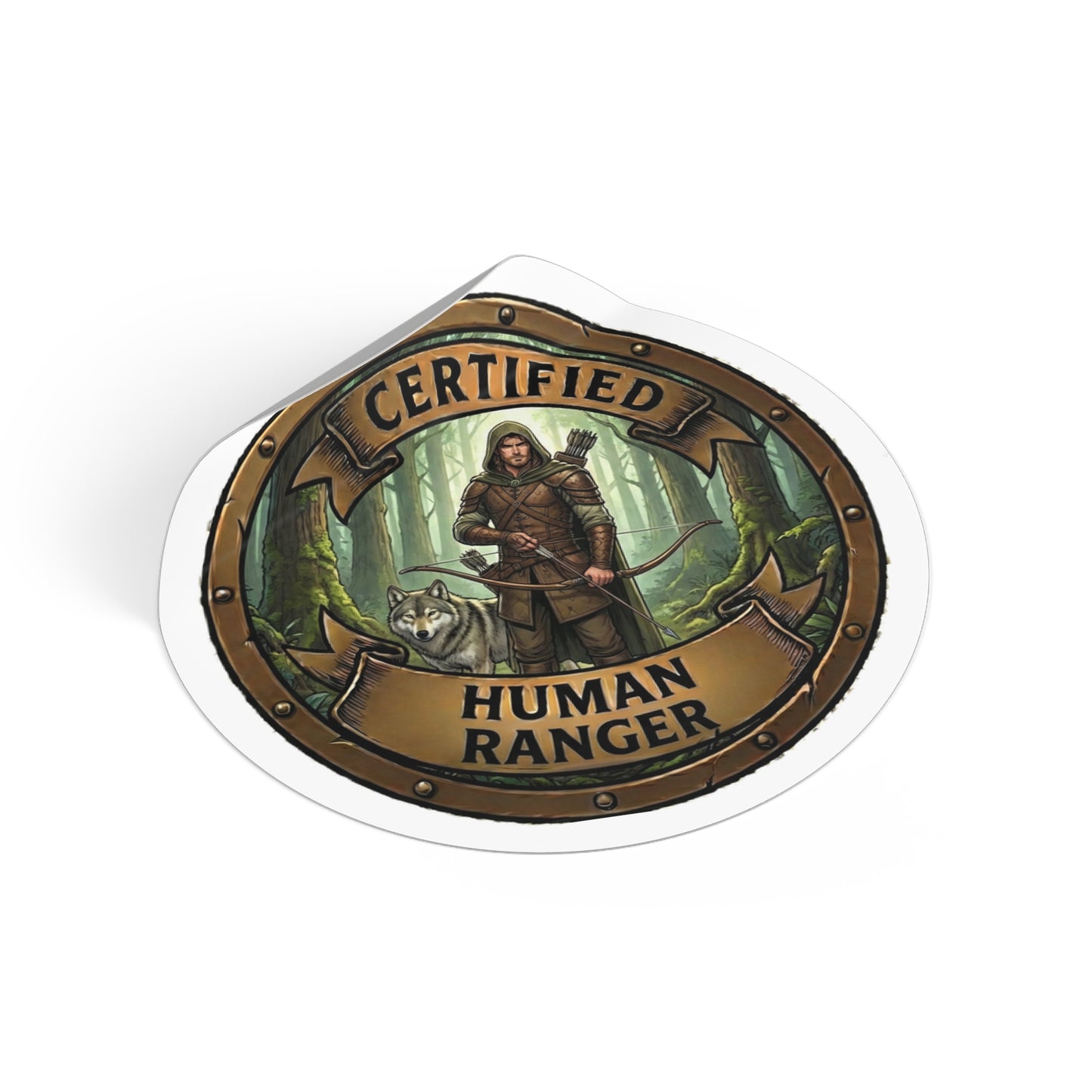 Round Sticker — "Certified Human Ranger" Fantasy Archer & Wolf Vinyl Decal