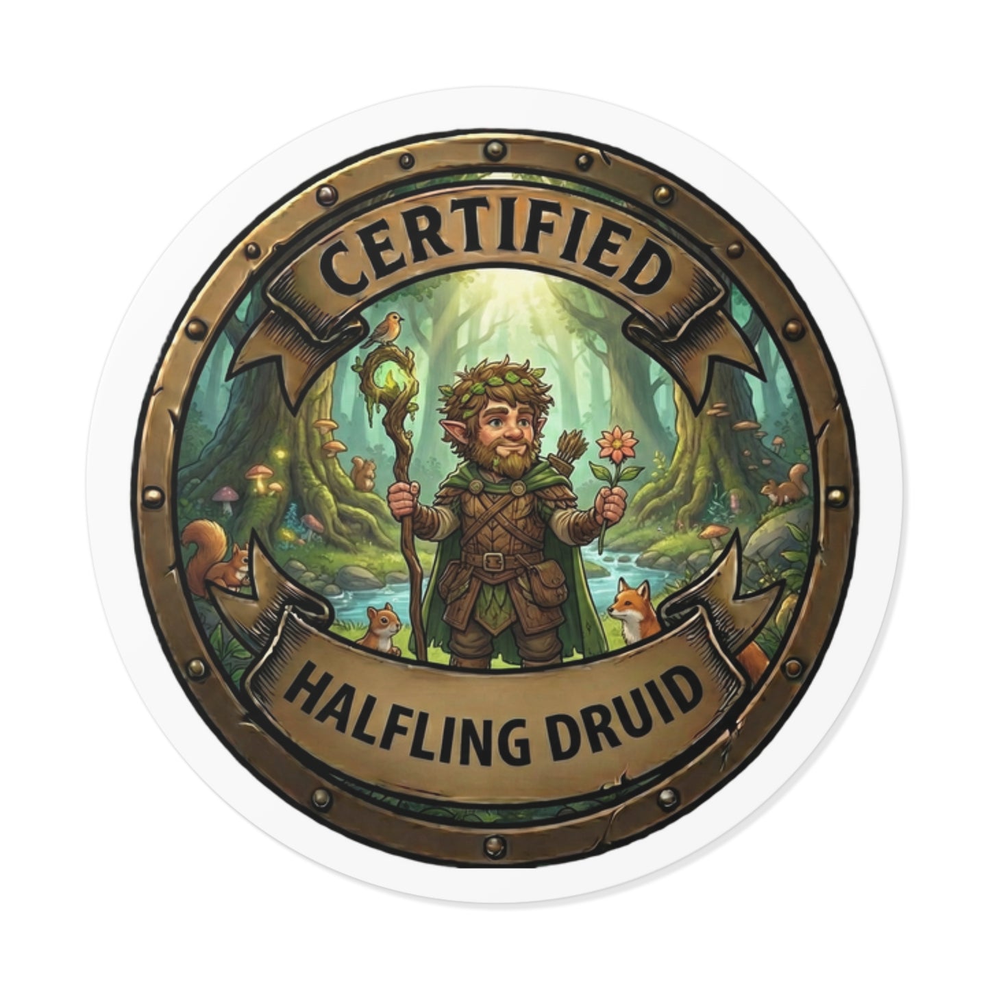 Certified Halfling Druid Round Vinyl Sticker — Fantasy RPG Nature Badge