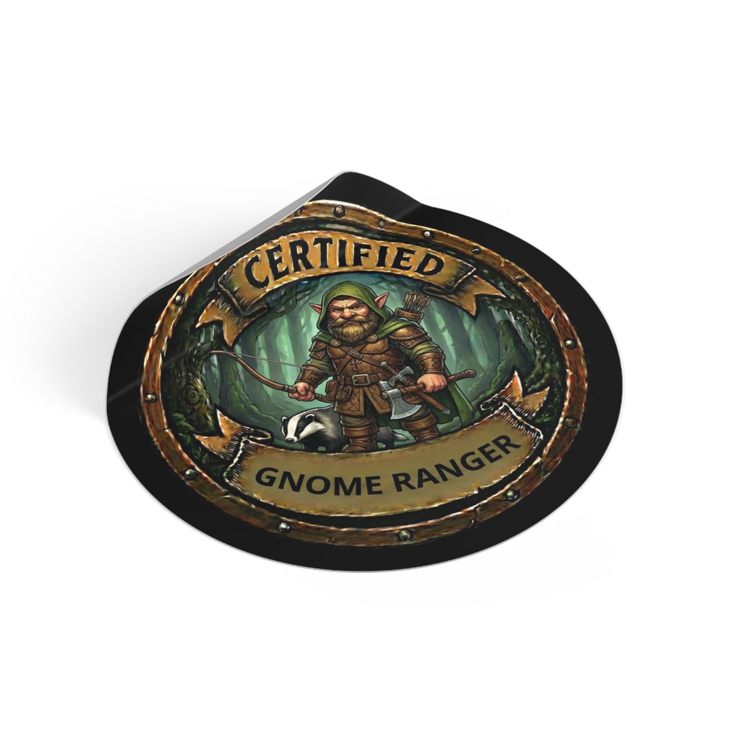 Certified Gnome Ranger Round Vinyl Sticker — Fantasy Ranger Badge Decal