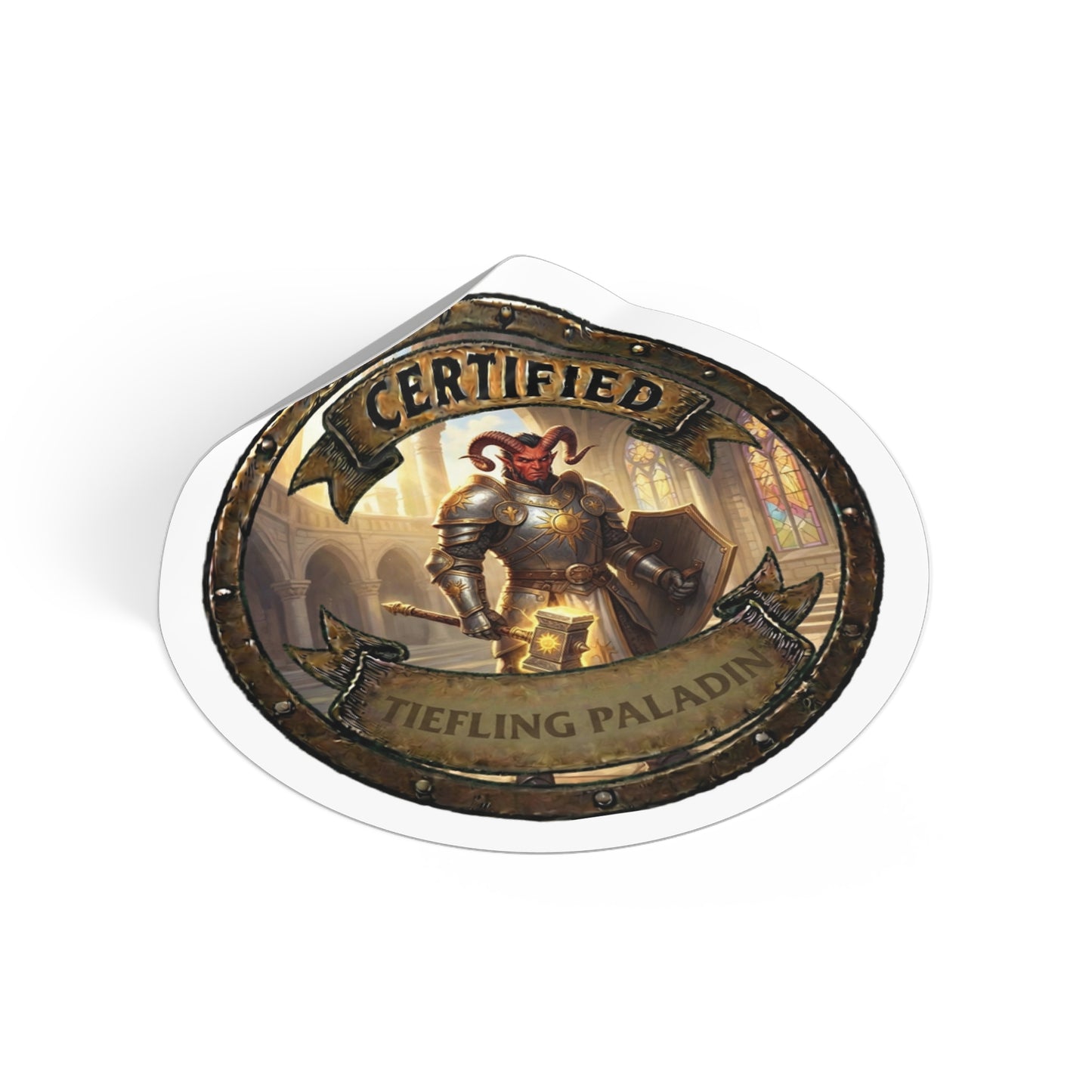Certified Tiefling Paladin Round Vinyl Sticker — RPG Fantasy Character Decal