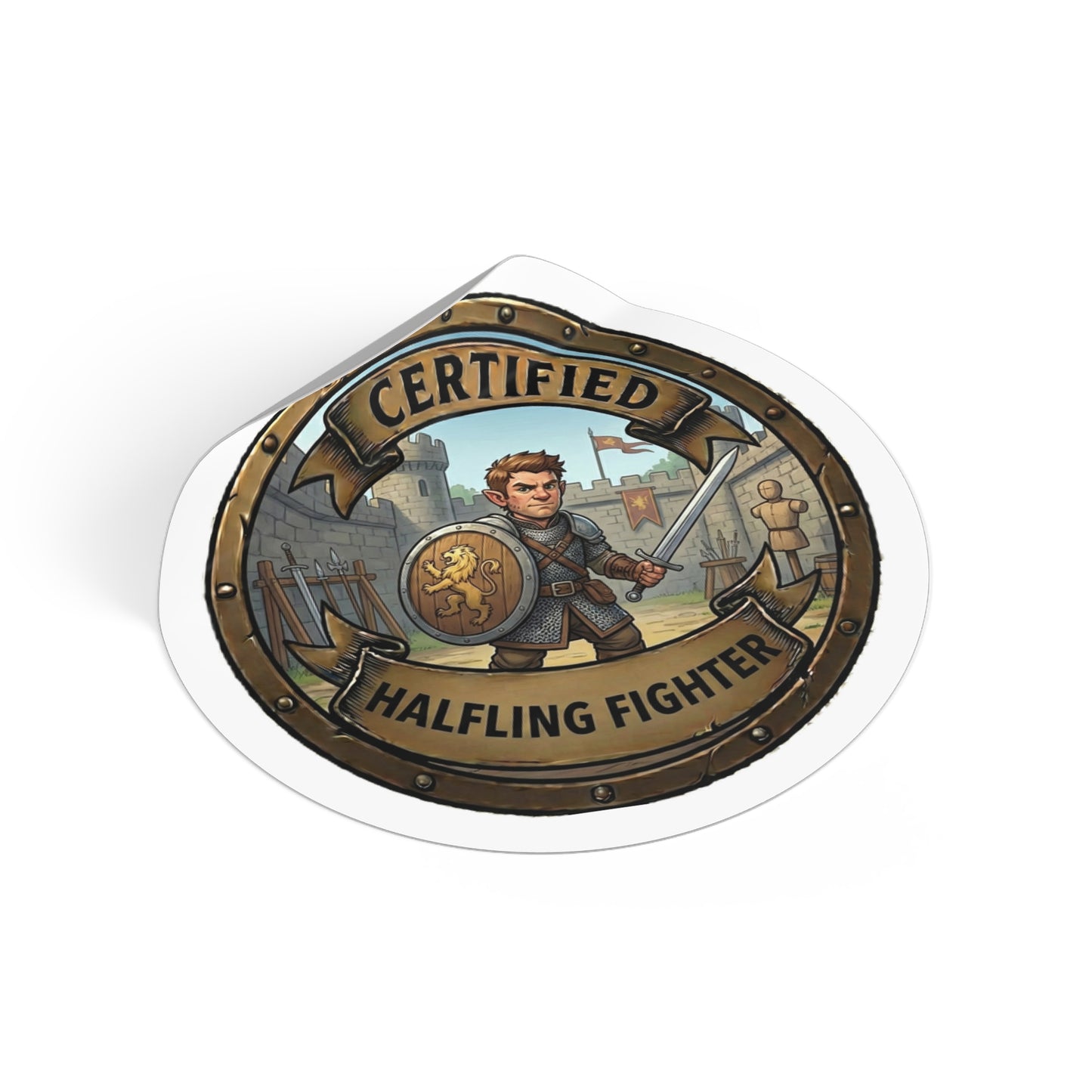 Certified Halfling Fighter Round Vinyl Sticker — Fantasy RPG Dice-Table Accessory