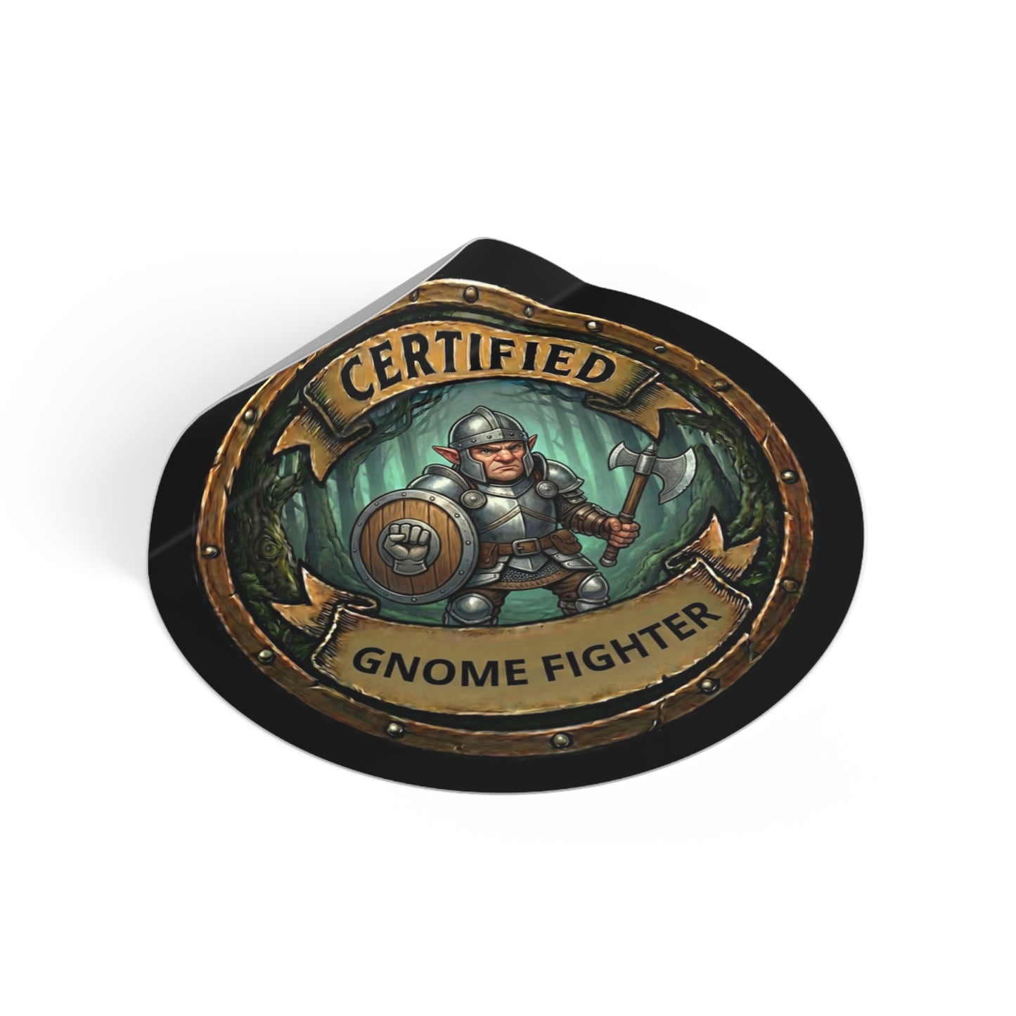 Certified Gnome Fighter Round Vinyl Sticker — Fantasy Gamer Badge Sticker