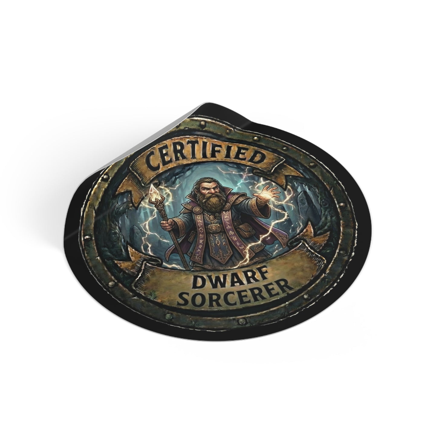 Certified Dwarf Sorcerer Round Vinyl Sticker — Fantasy RPG Magic Badge