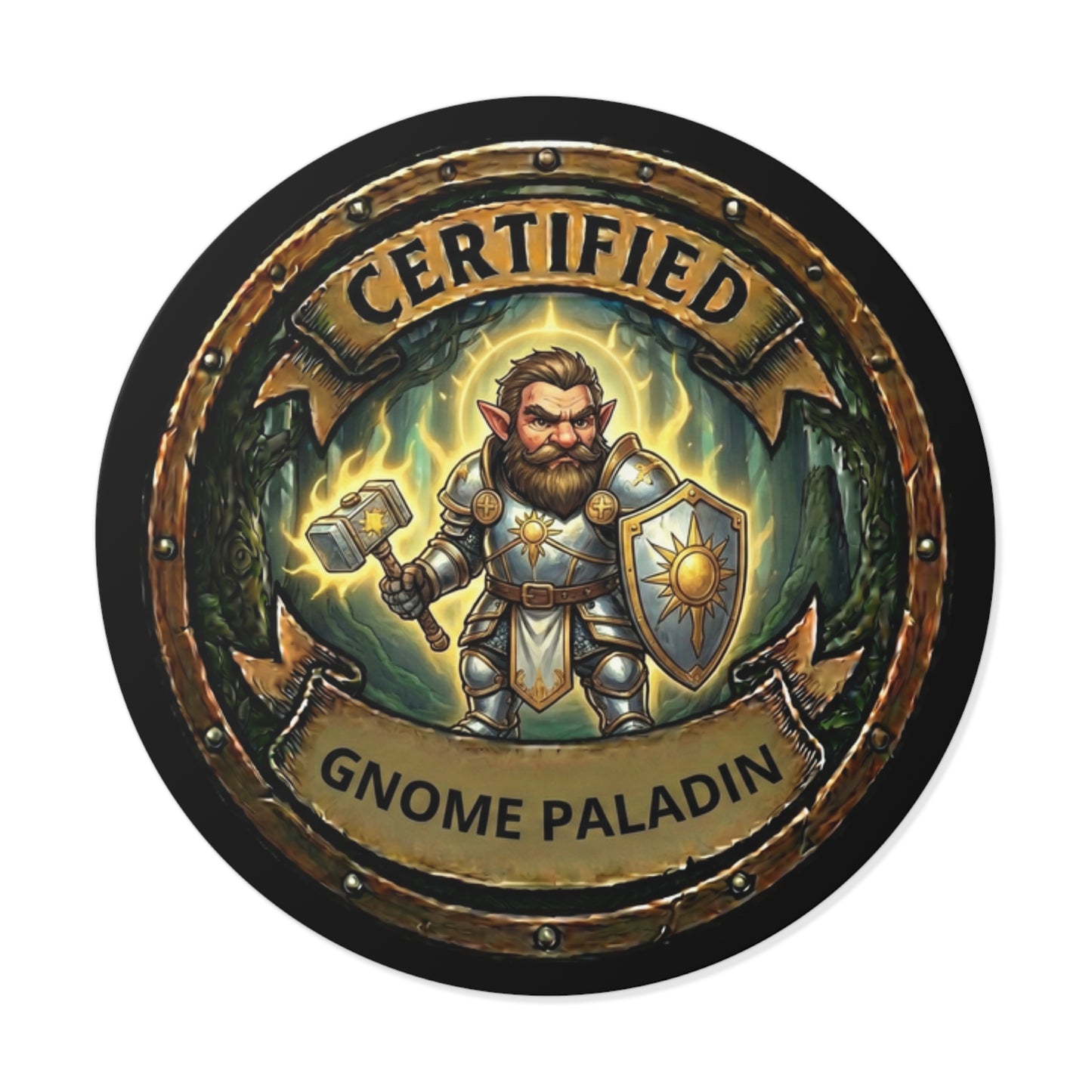 Certified Gnome Paladin Round Vinyl Sticker — RPG Fantasy Character Decal