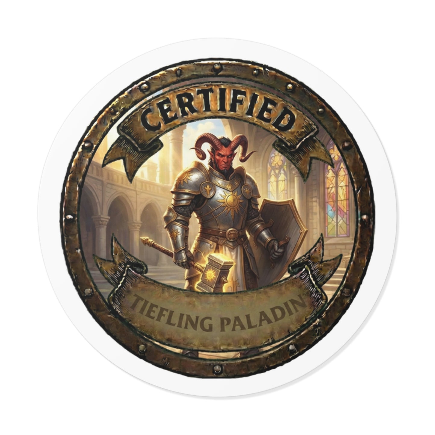 Certified Tiefling Paladin Round Vinyl Sticker — RPG Fantasy Character Decal