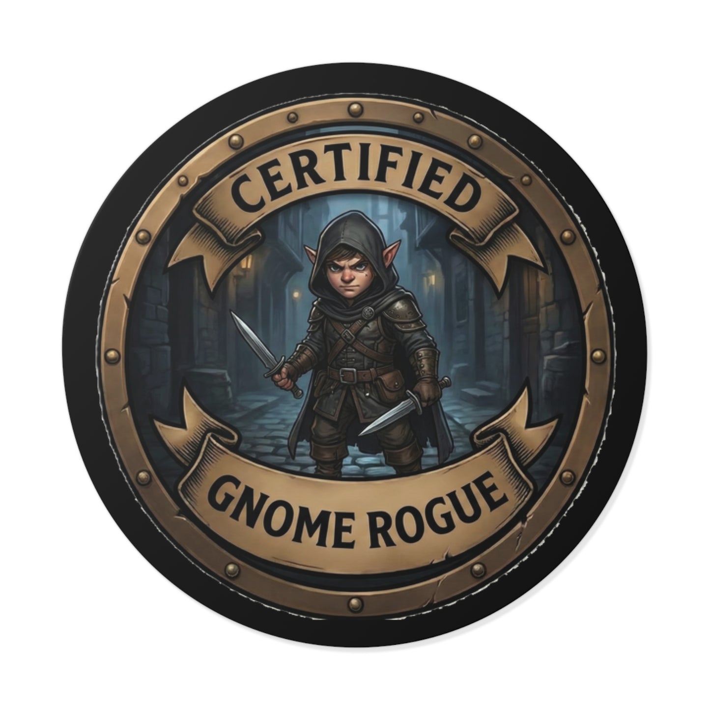 Certified Gnome Rogue Round Vinyl Sticker — Fantasy RPG Character Decal
