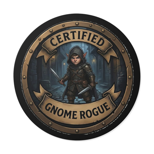 Certified Gnome Rogue Round Vinyl Sticker — Fantasy RPG Character Decal