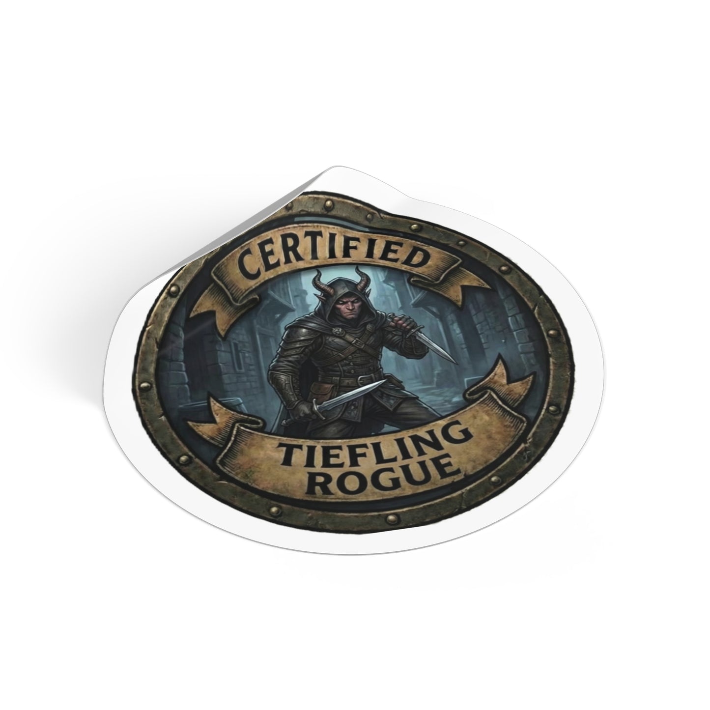 Certified Tiefling Rogue Round Vinyl Sticker — D&D Fantasy Character Decal