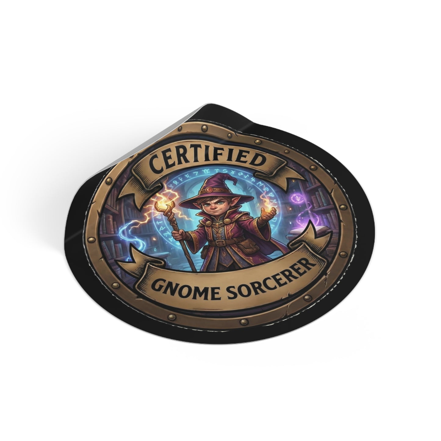 Certified Gnome Sorcerer Round Vinyl Sticker — Fantasy Wizard Gnome Badge