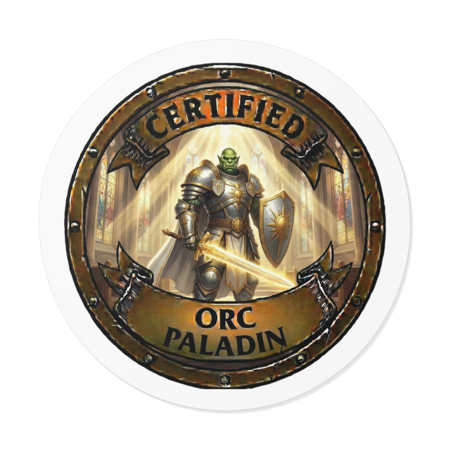 Orc Paladin Round Vinyl Sticker – Certified Fantasy RPG Emblem